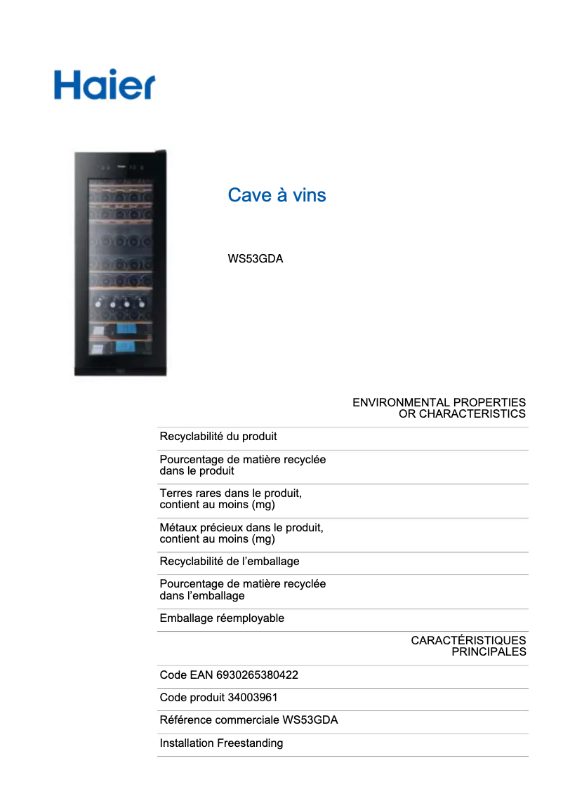 Página 1 del manual Etiqueta energética Haier WS53GDA