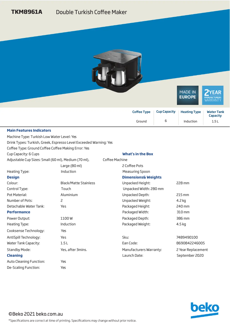 Página 1 del manual Ficha técnica Beko TKM 8961 A