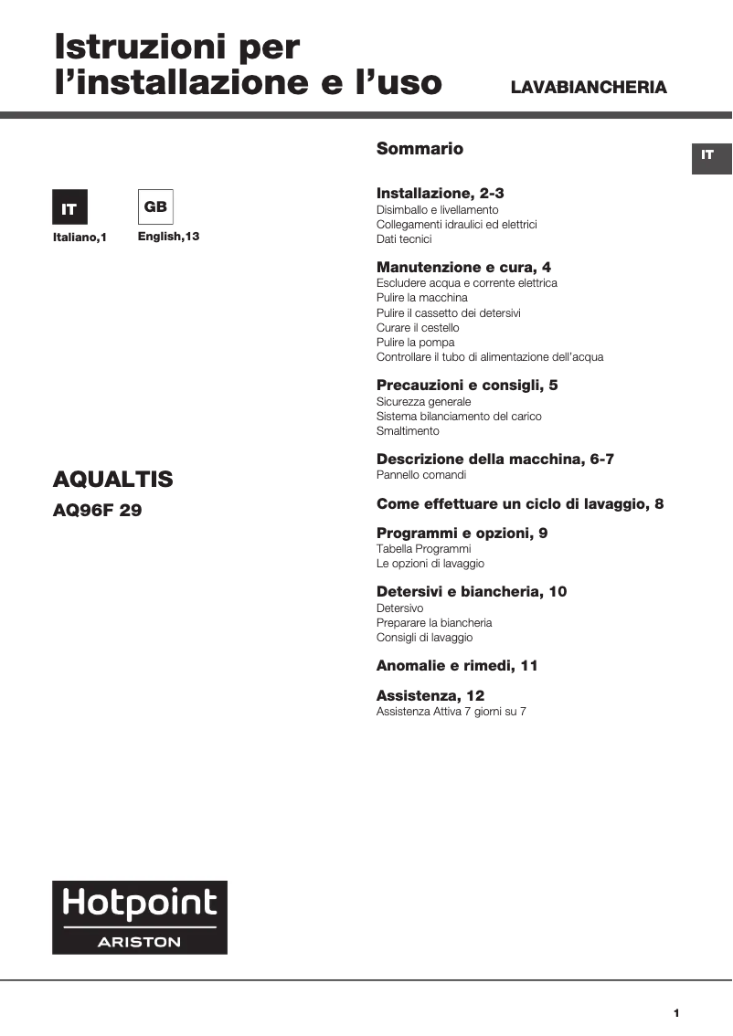 Página 1 del manual Manual de usuario Hotpoint Ariston AQ96F 29 IT