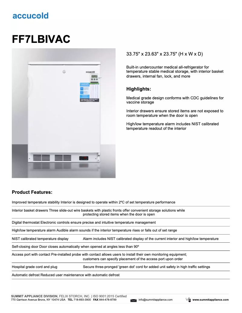 Página 1 del manual Ficha técnica Summit Accucold FF7LBIVAC