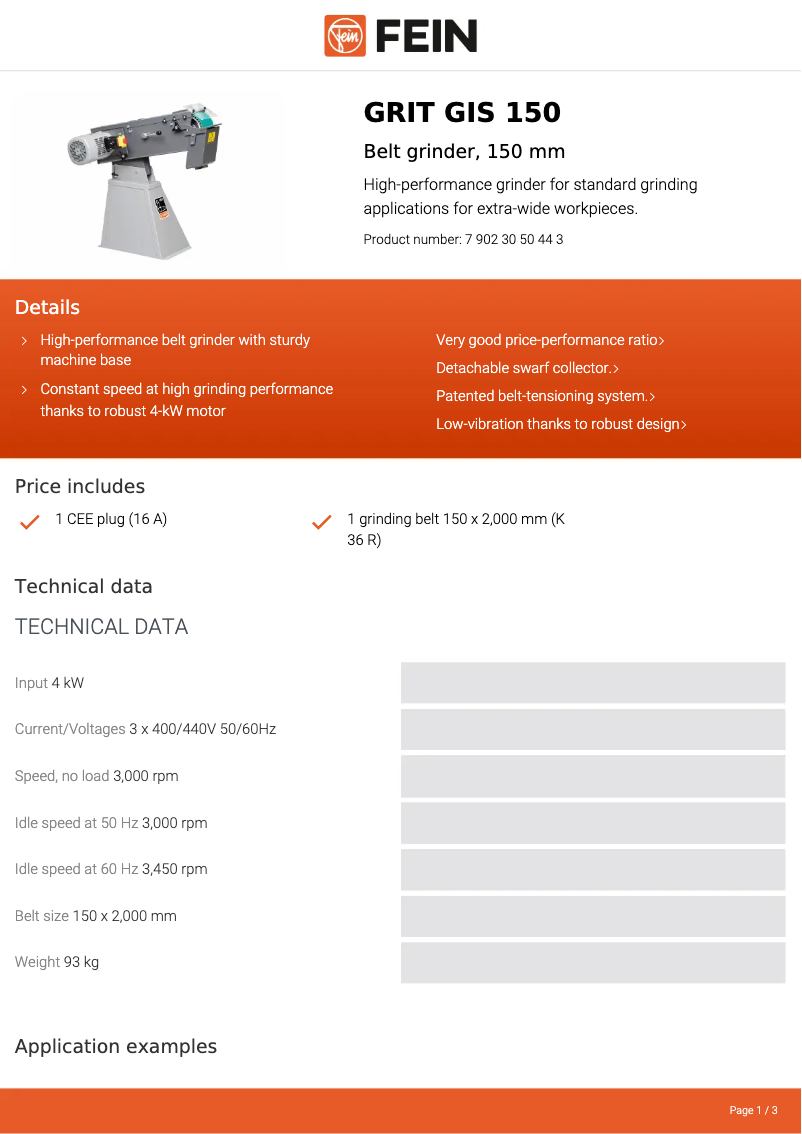 Página 1 del manual Ficha técnica Fein GRIT GIS 150