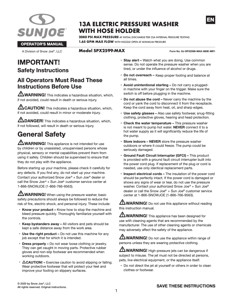 Página nº 1 - Manual de usuario Sun Joe SPX2599-MAX