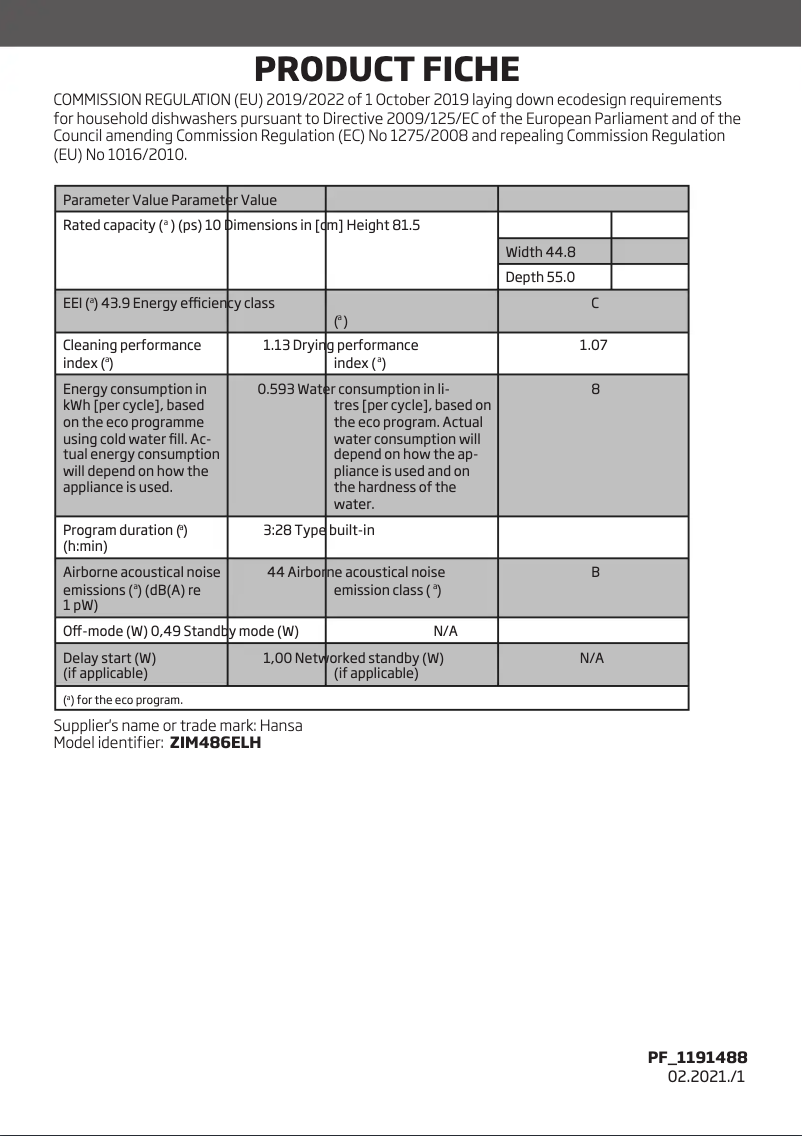 Página 1 del manual Ficha técnica Hansa ZIM486ELH