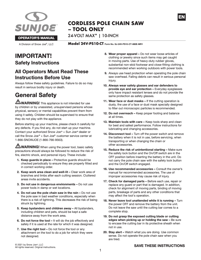 Página nº 1 - Manual de usuario Sun Joe 24V-PS1