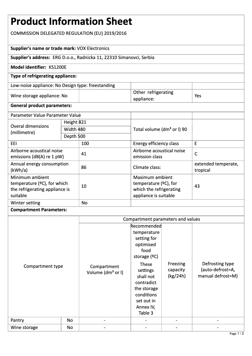 Página 1 del manual Ficha técnica VOX KS1200E