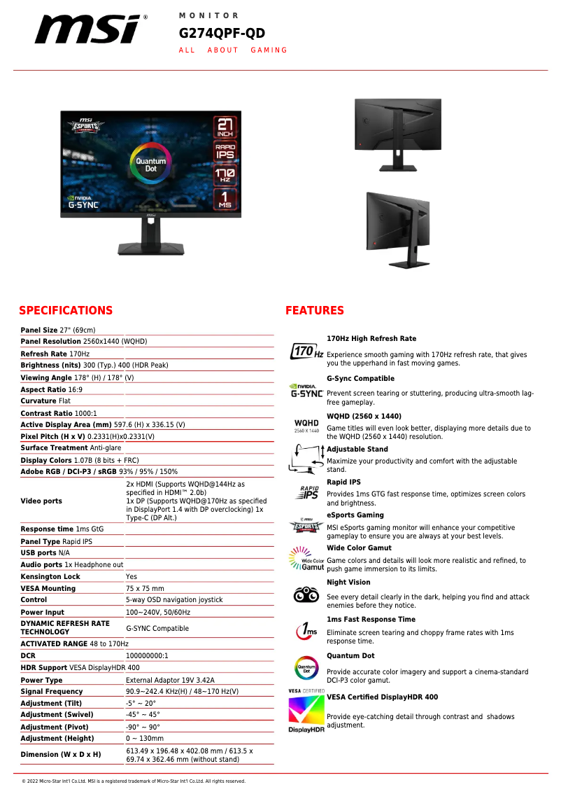 Página nº 1 - Ficha técnica MSI G274QPF