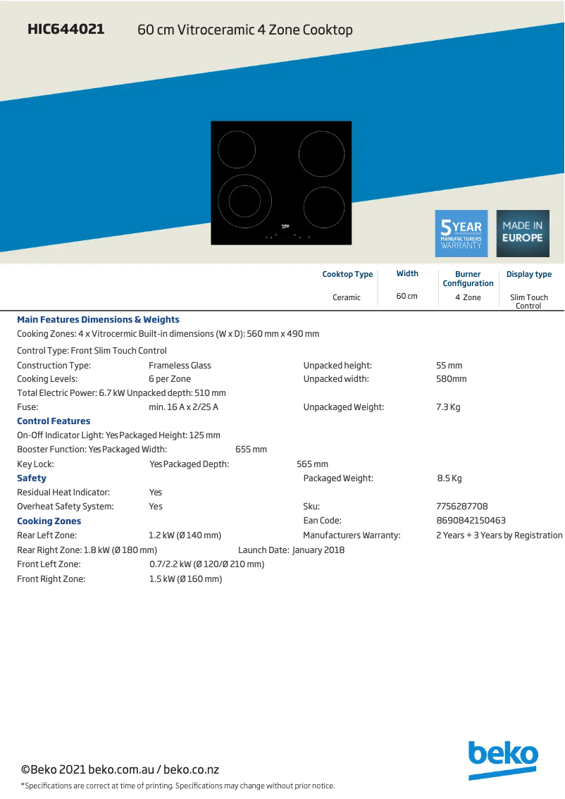 Página 1 del manual Ficha técnica Beko HIC644021