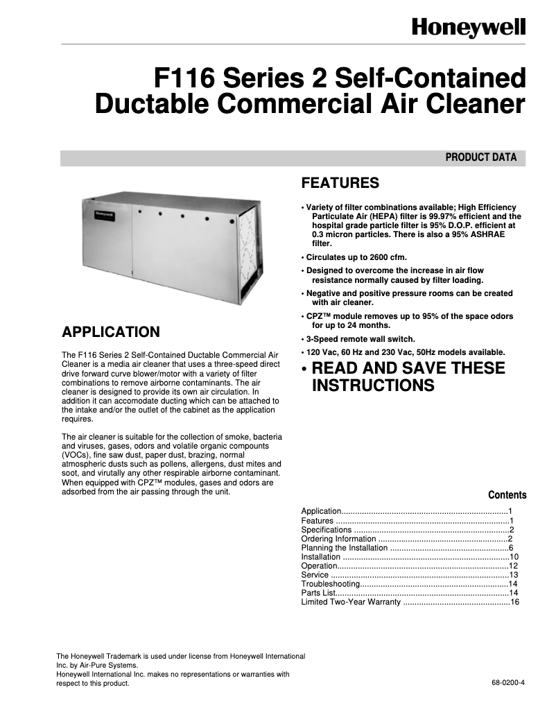 Página 1 del manual Manual de usuario Honeywell F116A1120
