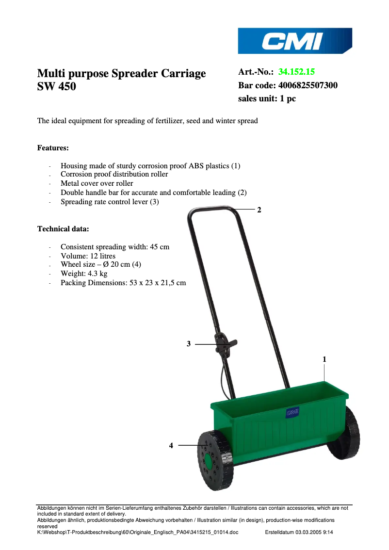 Página 1 del manual Ficha técnica CMI SW 450