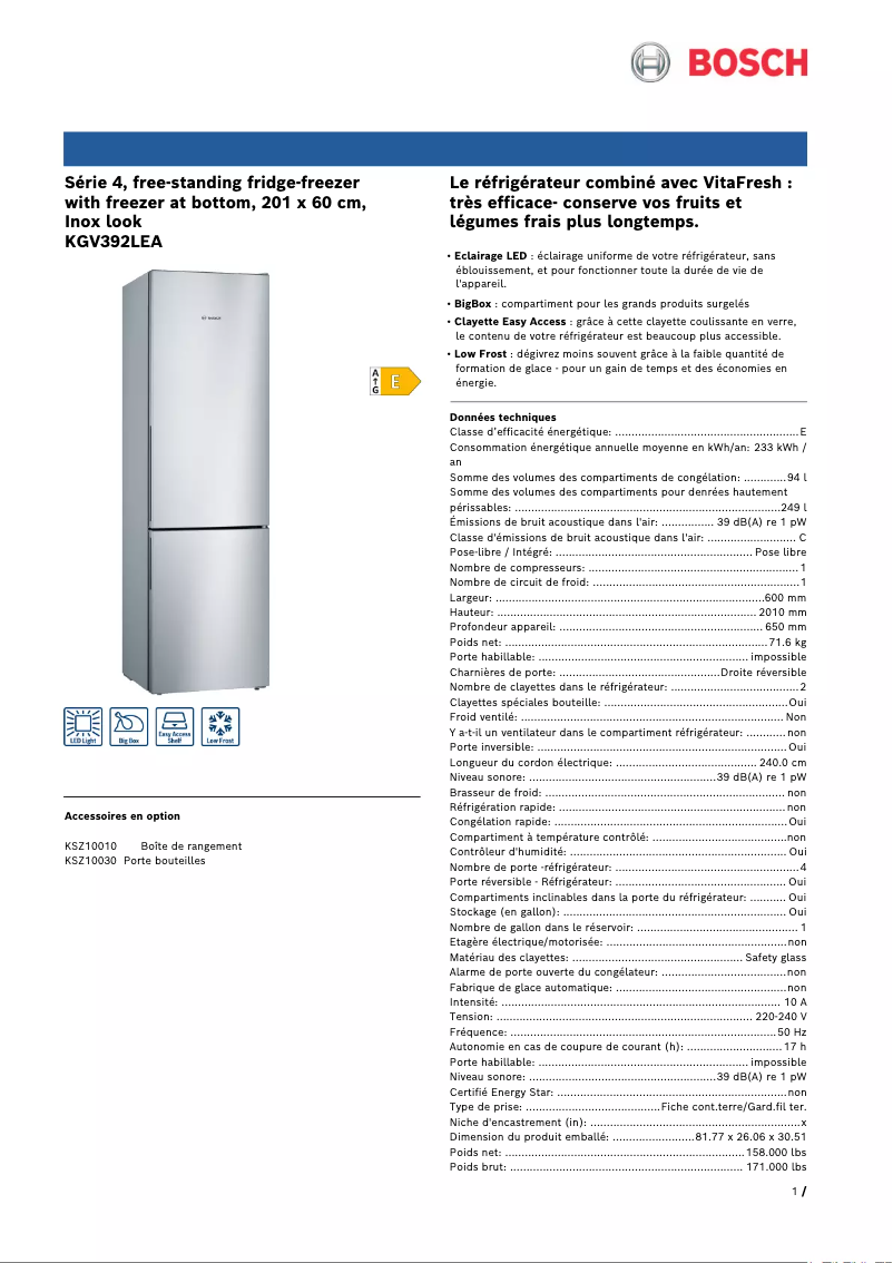 Página nº 1 - Ficha técnica Bosch KGV392LEA