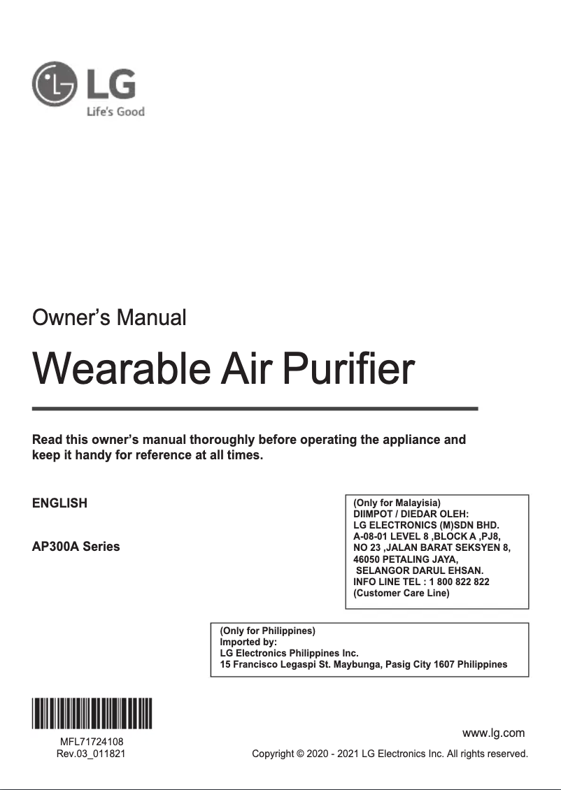 Página 1 del manual Manual de usuario LG PuriCare AP300AWFA