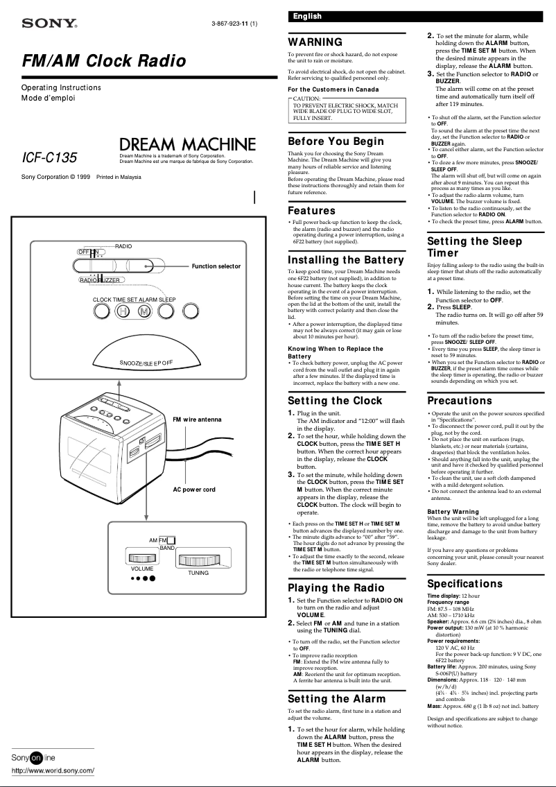 Imagen de la primera página del manual del dispositivo ICF-C135