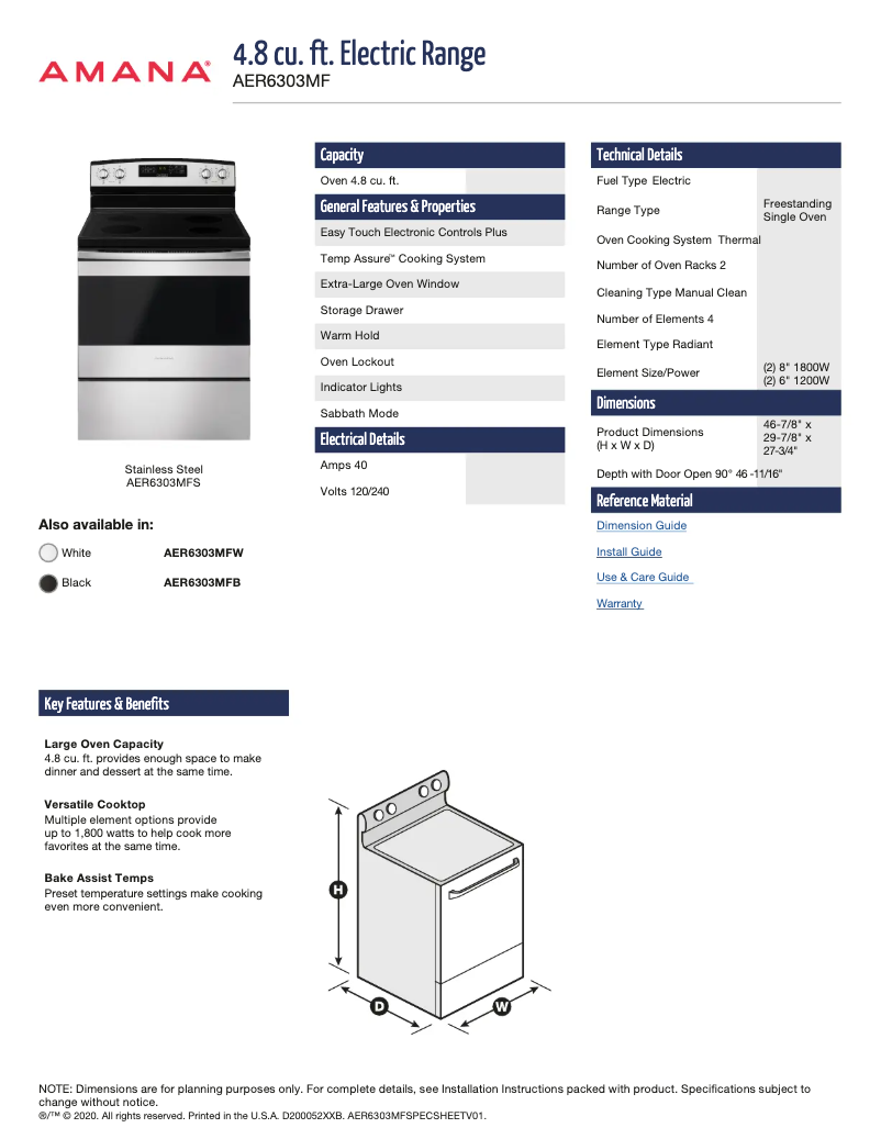 Página 1 del manual Ficha técnica Amana AER6303MFB