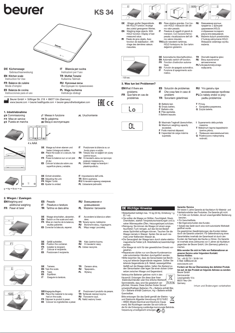 Página 1 del manual Manual de usuario Beurer KS 34