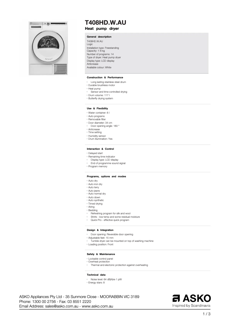 Página 1 del manual Ficha técnica Asko T408HD.W.AU