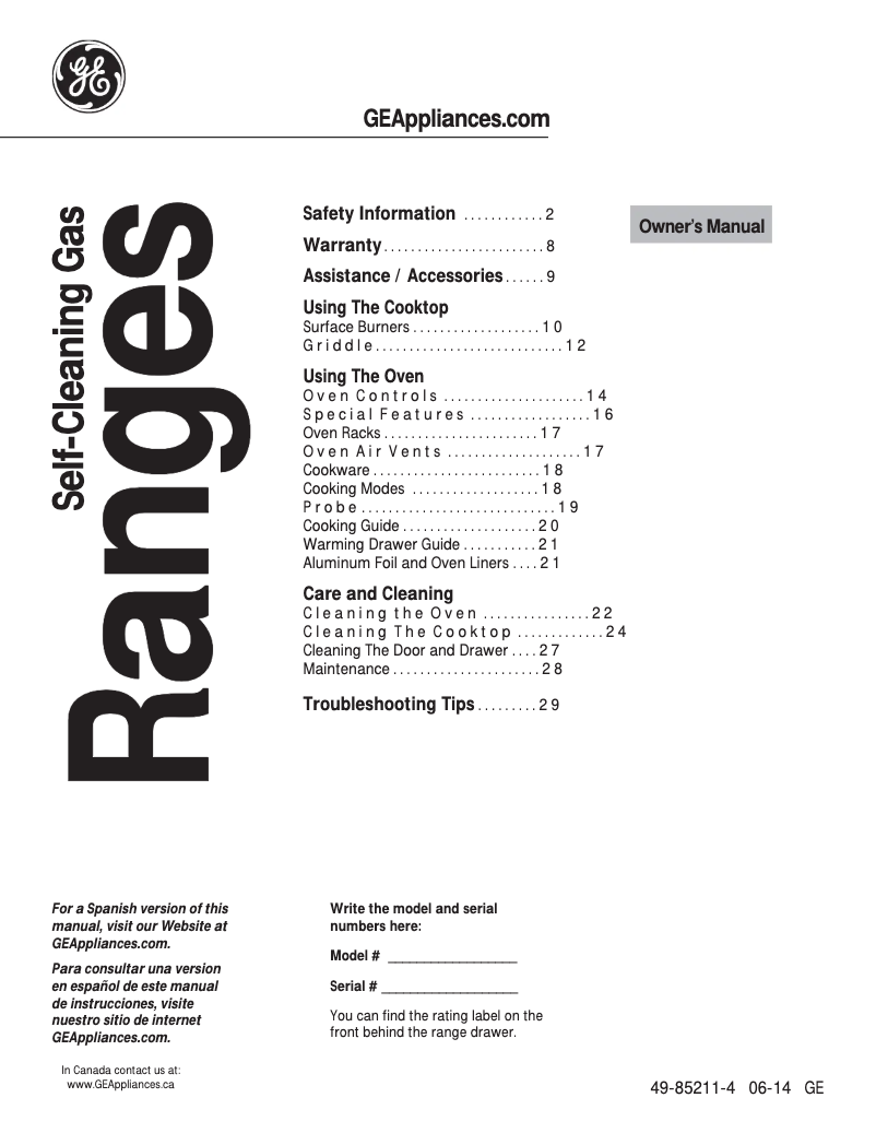 Página 1 del manual Manual de uso y mantenimiento GE Profile PGB940DEFWW