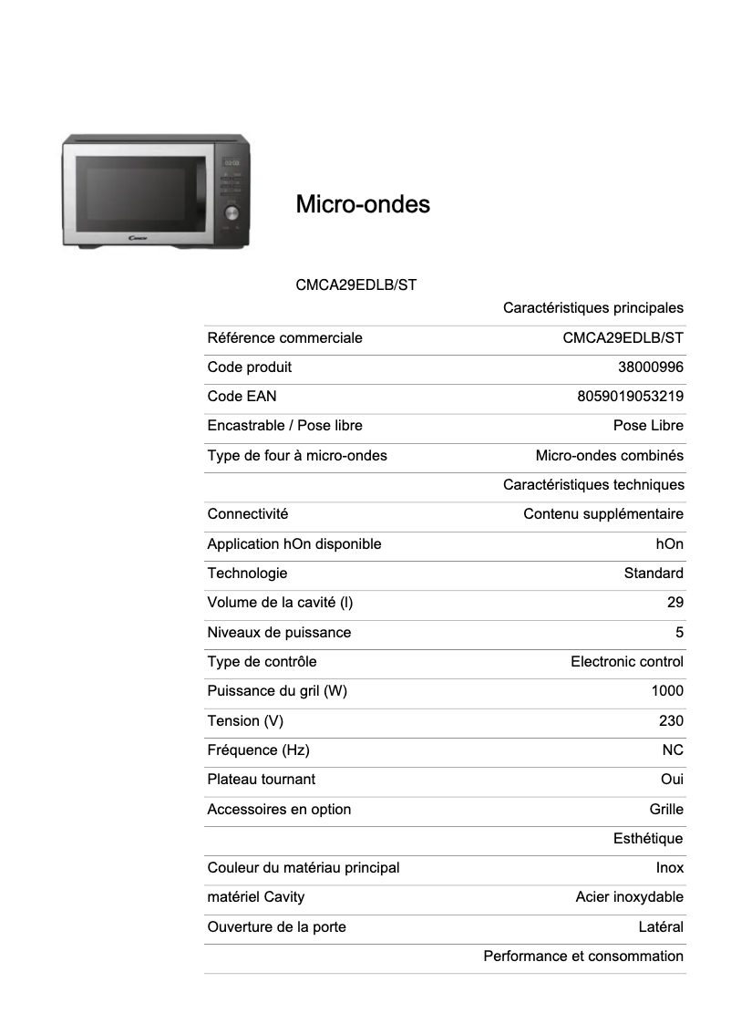 Página 1 del manual Ficha técnica Candy CMCA29EDLB/ST