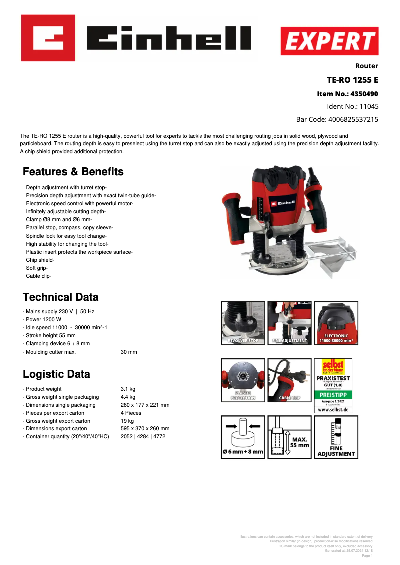 Página nº 1 - Ficha técnica Einhell TE-RO 1255 E