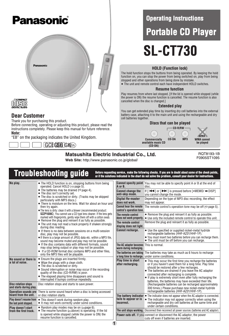 Página 1 del manual Manual de usuario Panasonic SL-CT730