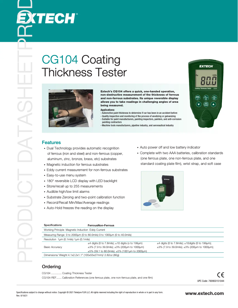 Página 1 del manual Ficha técnica Extech CG104