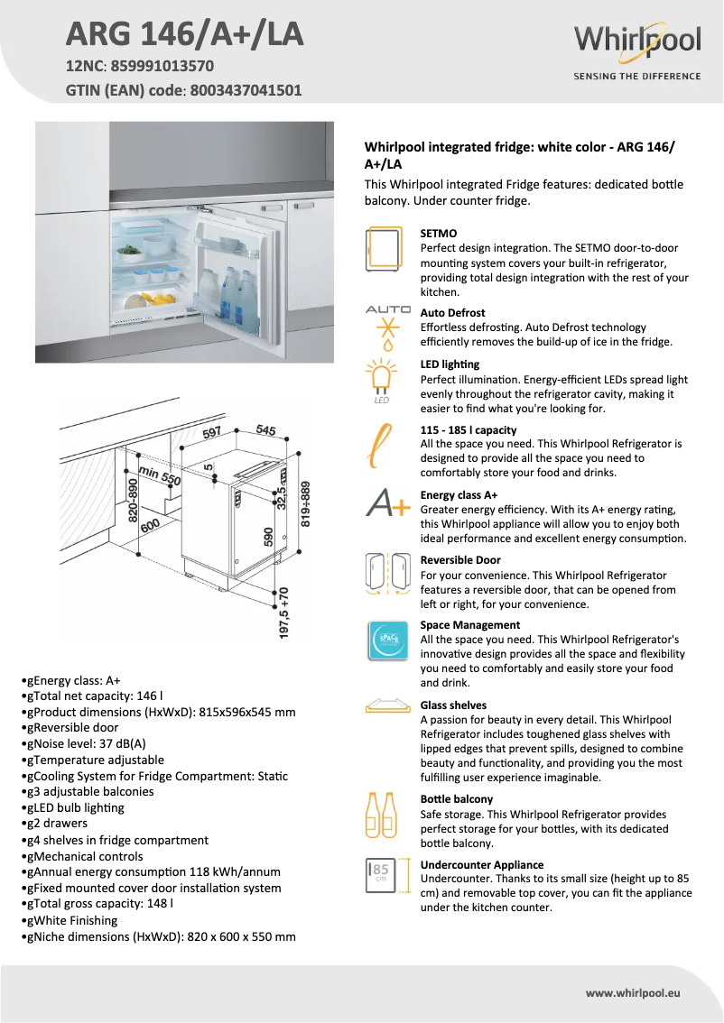 Página 1 del manual Ficha técnica Whirlpool ARG 146/A+/LA