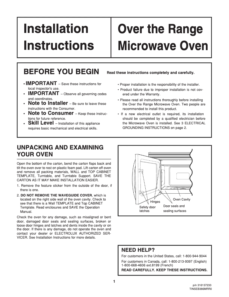 Página nº 1 - Guía de instalación Frigidaire FMV156DC