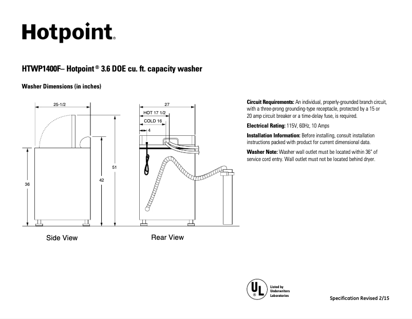 Página 1 del manual Ficha técnica Hotpoint HTWP1400FWW