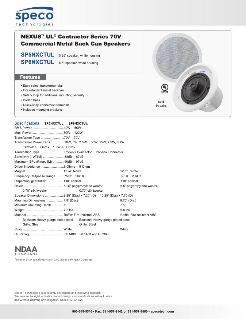 Página 1 del manual Ficha técnica Speco Technologies SP5NXCTUL