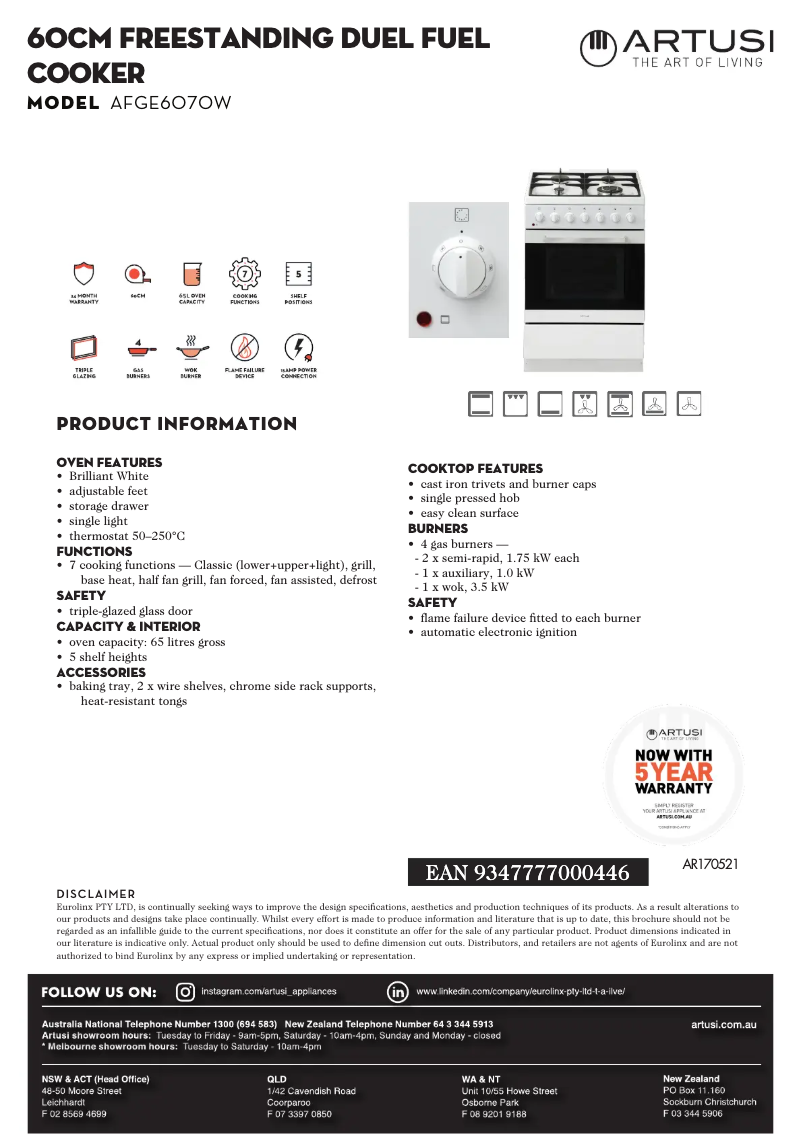 Página 1 del manual Ficha técnica Artusi AFGE6070W