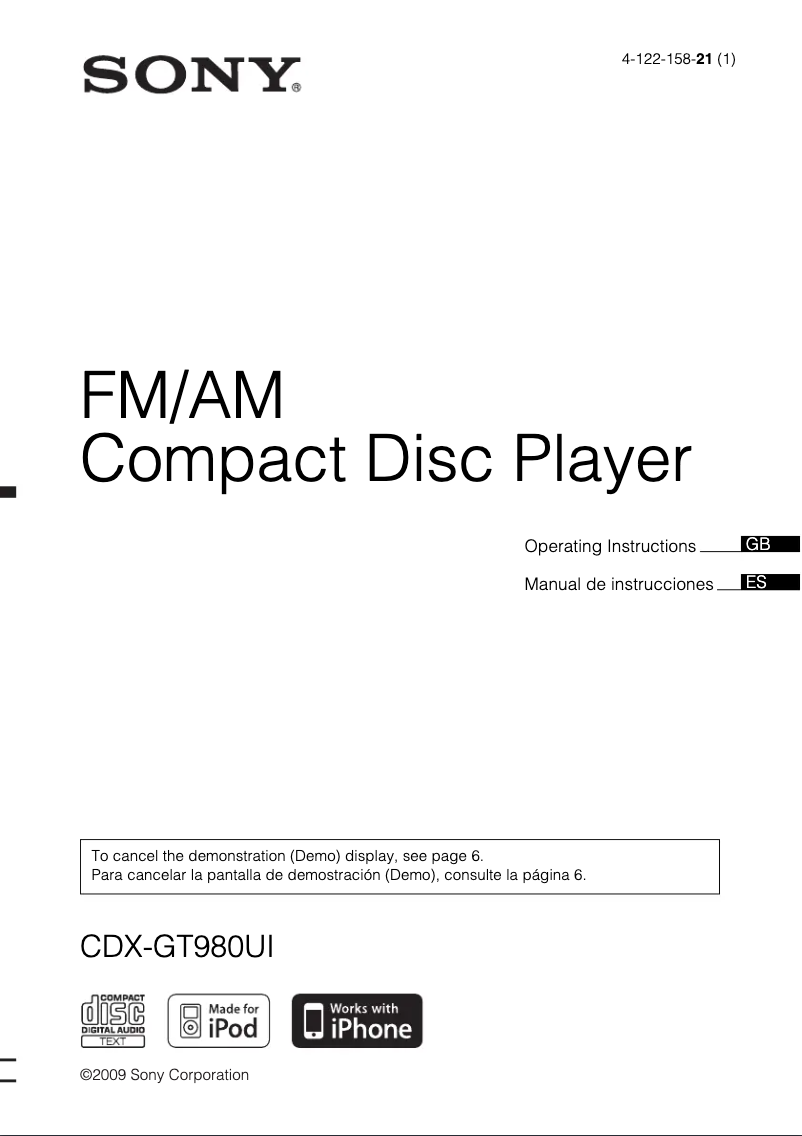 Imagen de la primera página del manual del dispositivo CDX-GT980UI