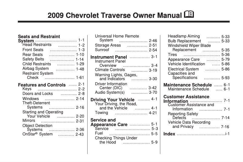 Página 1 del manual Manual de usuario Chevrolet Traverse (2009)