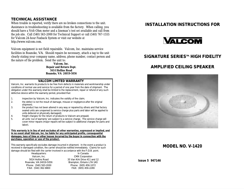 Imagen de la primera página del manual del dispositivo V-1420