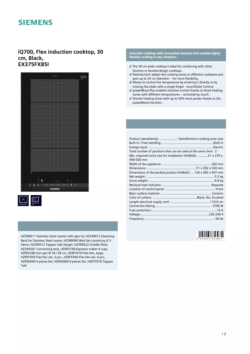 Página 1 del manual Ficha técnica Siemens EX375FXB5I