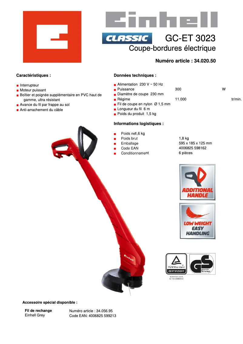 Página 1 del manual Ficha técnica Einhell GC-ET 3023