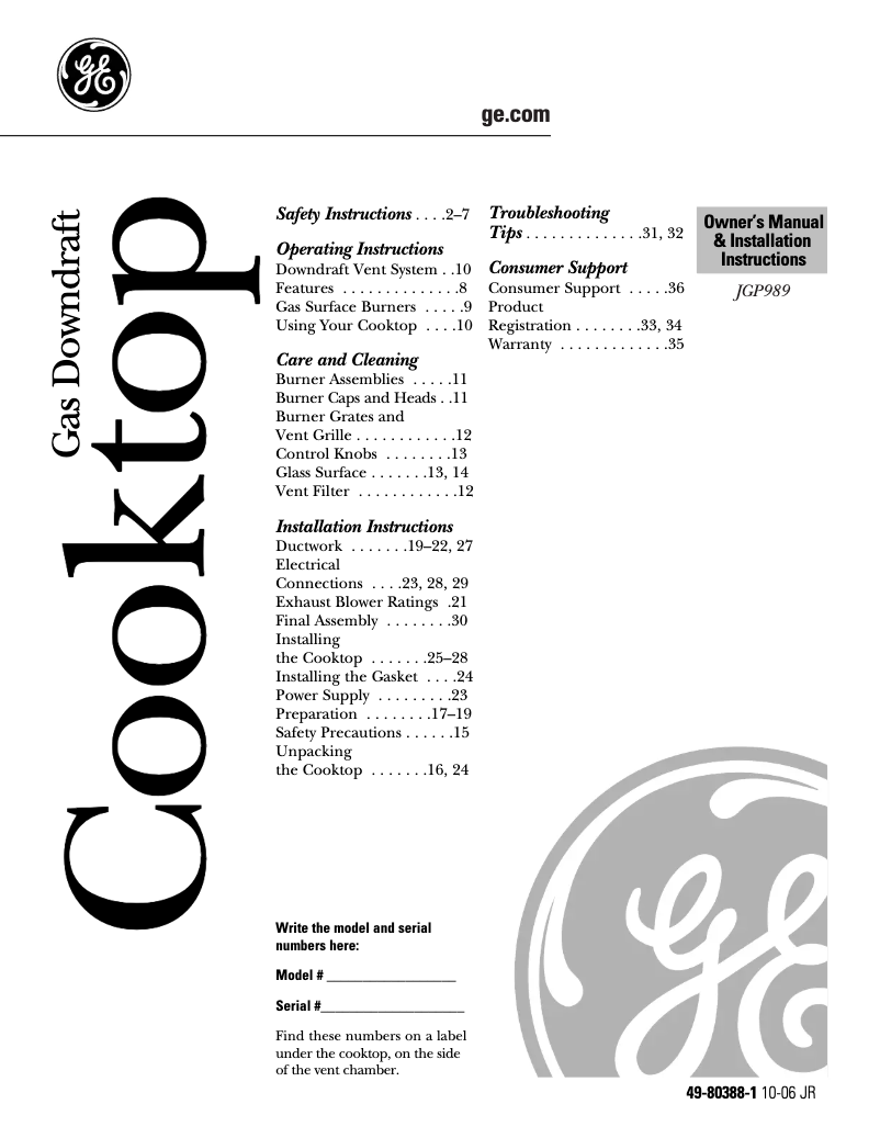 Imagen de la primera página del manual del dispositivo Profile JGP989BCBB