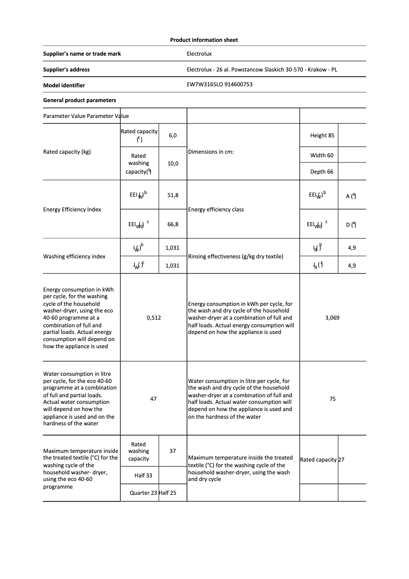 Página 1 del manual Ficha técnica Electrolux EW7W3165LO