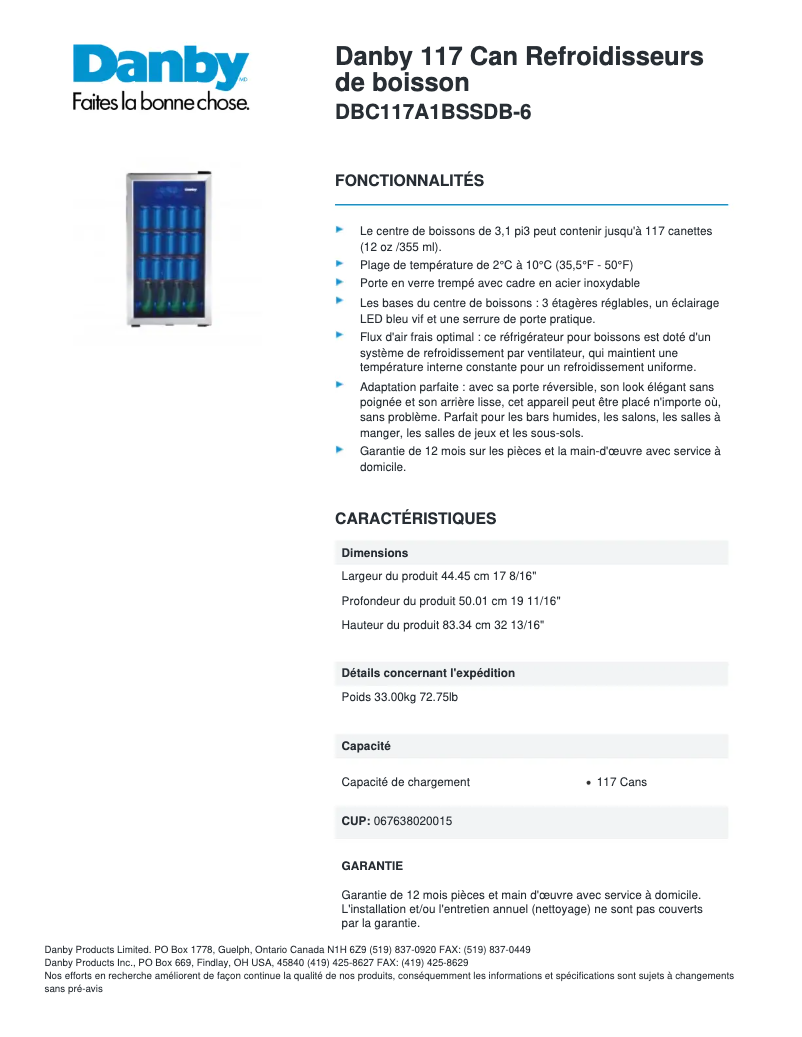Página 1 del manual Ficha técnica Danby DBC117A1BSSDB-6
