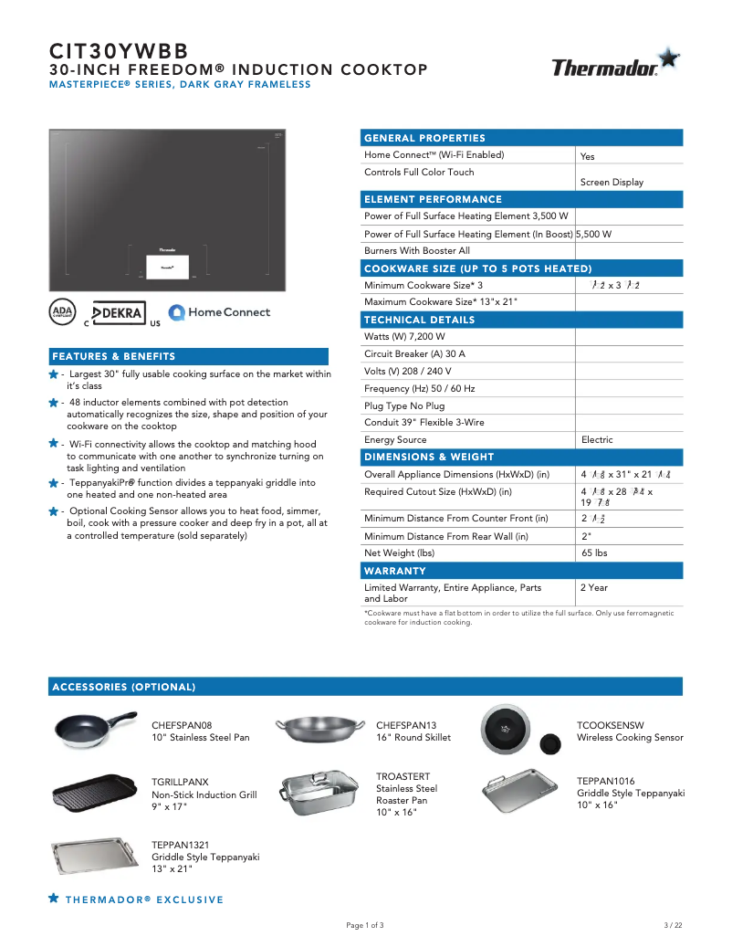Página 1 del manual Ficha técnica Thermador CIT30YWBB