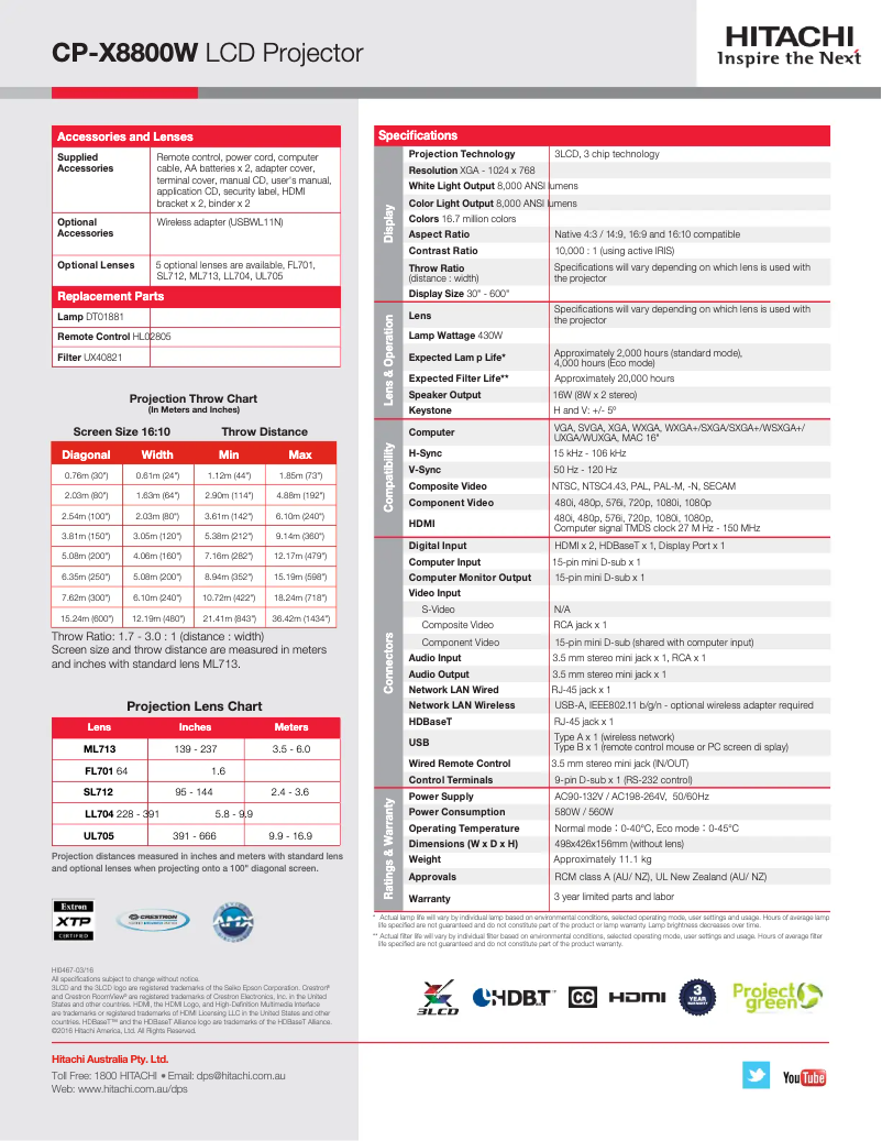 Página nº 1 - Ficha técnica Hitachi CP-X8800W