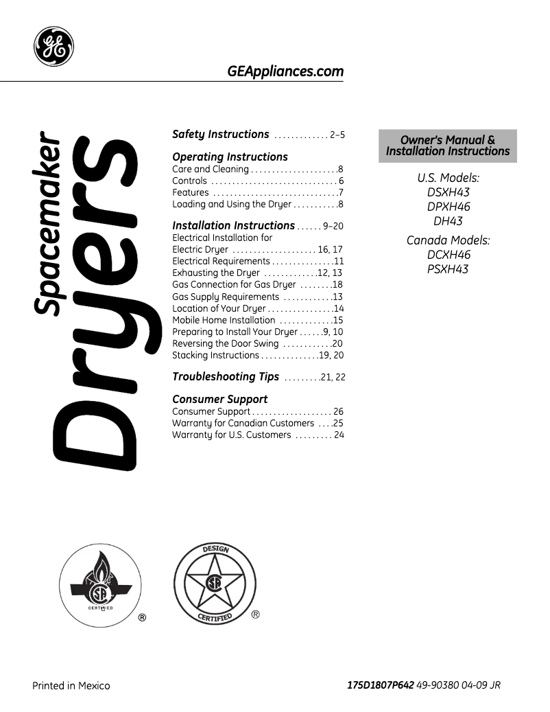 Página 1 del manual Guía de instalación GE DSXH43GFWW