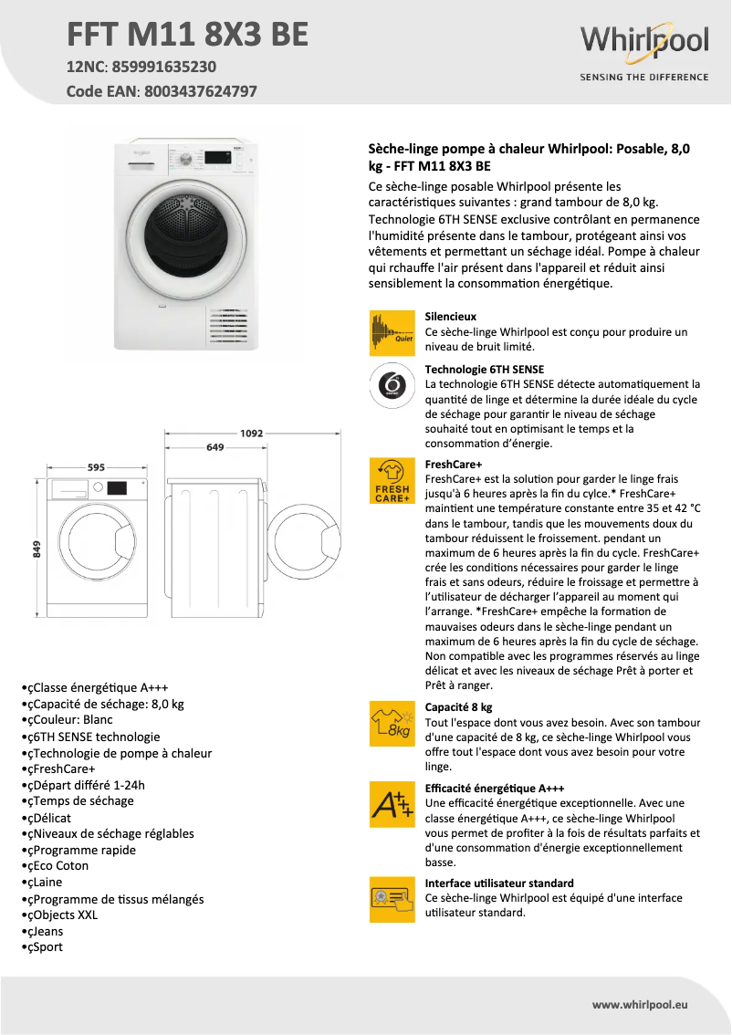 Página nº 1 - Ficha técnica Whirlpool FFT M11 8X3 BE