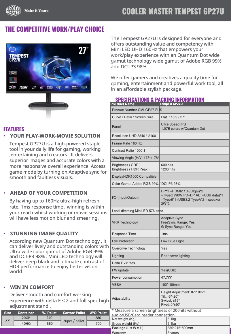 Página 1 del manual Ficha técnica Cooler Master Tempest GP27U