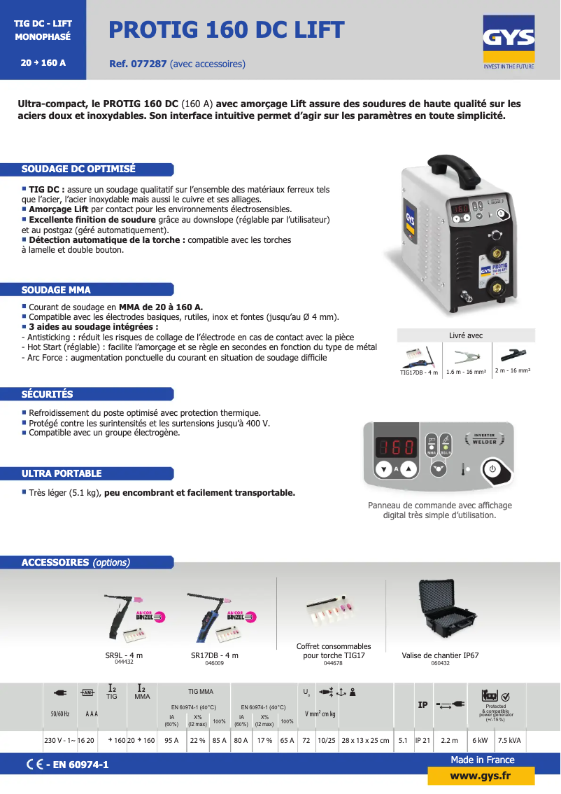 Página 1 del manual Ficha técnica GYS Protig 160 DC Lift