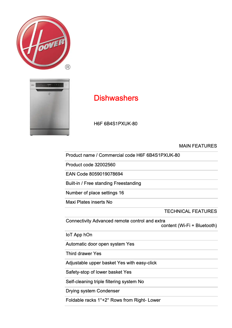 Página 1 del manual Ficha técnica Hoover H6F 6B4S1PXUK-80