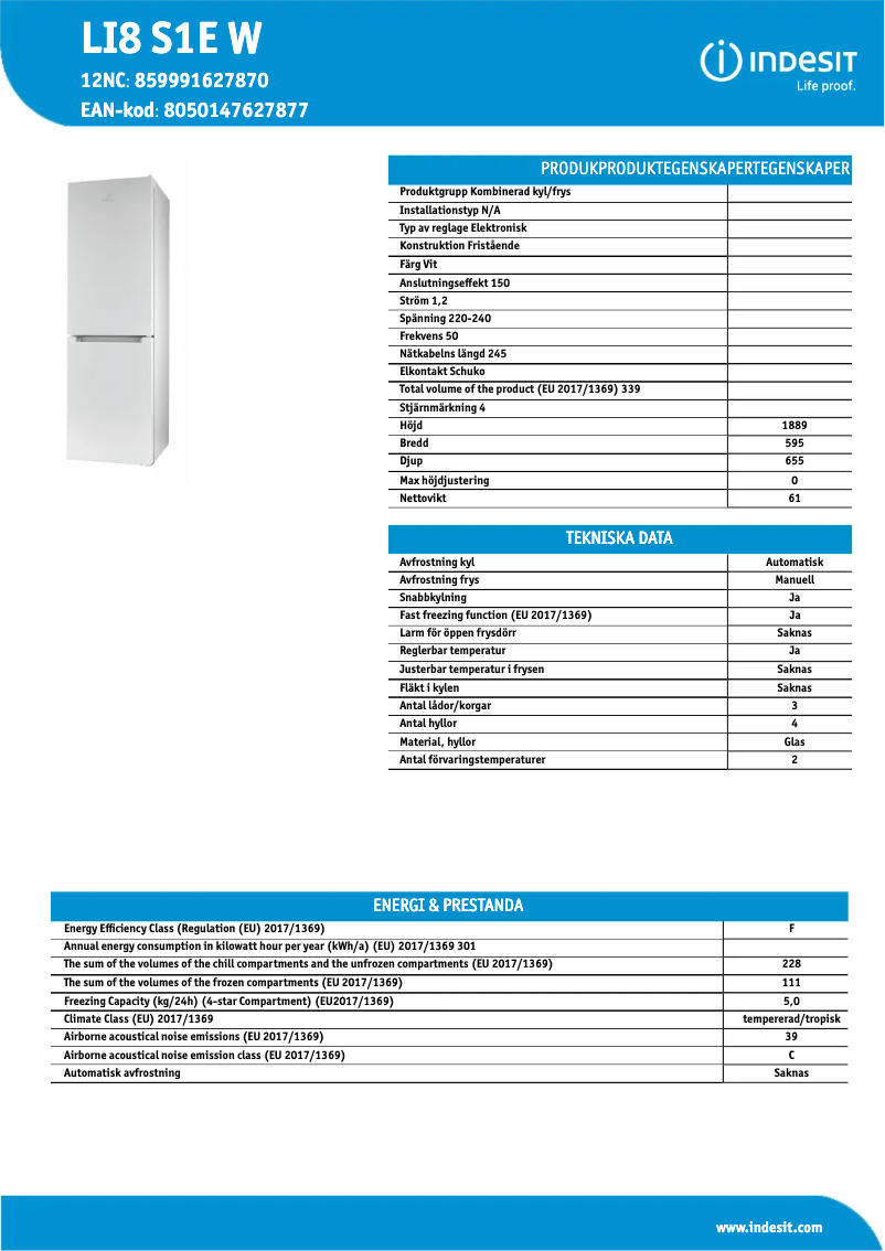 Página 1 del manual Ficha técnica Indesit LI8 S1E W