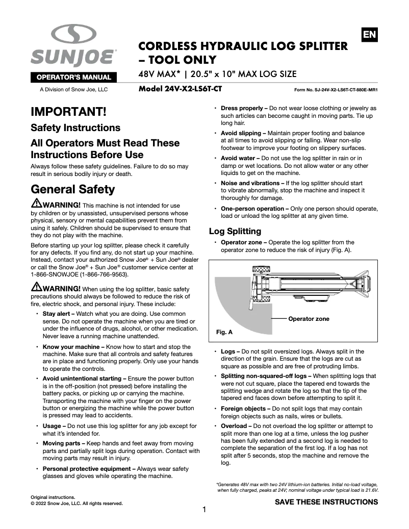 Página 1 del manual Manual de usuario Sun Joe 24V-X2-LS6T-CT