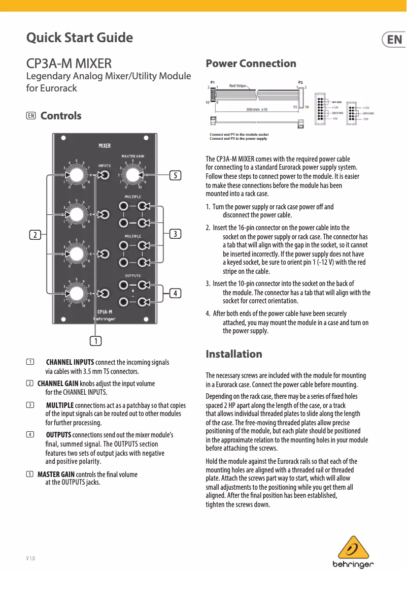 Página 1 del manual Guía de inicio rápido Behringer CP3A-M Mixer