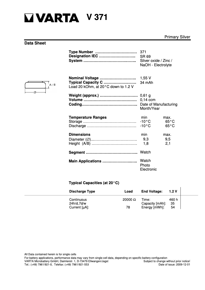 Página 1 del manual Manual de usuario Varta Primary Silver Button V371 / SR 69