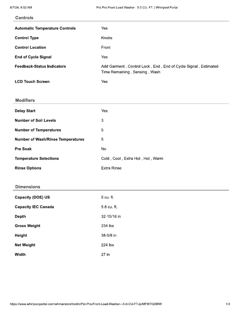 Página 1 del manual Ficha técnica Maytag MFW7020RW