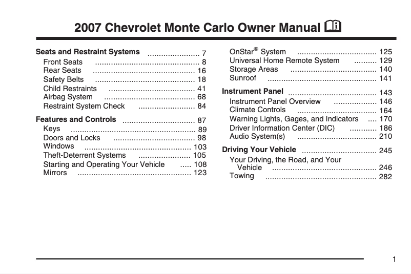 Página 1 del manual Manual de usuario Chevrolet Monte Carlo (1999)